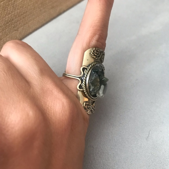 Blue Green Stone Silver Tone Adjustable Ring Boho - Picture 5 of 9